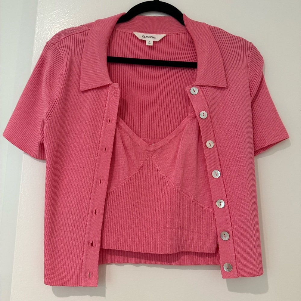 Glassons Pink Ribbed Button-Up Top